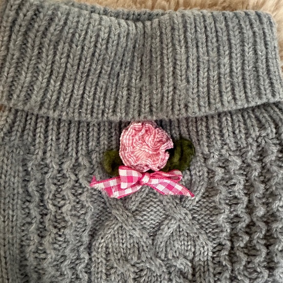 Dog Sweater Grey Cable Soft Knit with Pink Flower and Bow - Size XS - Picture 3 of 4